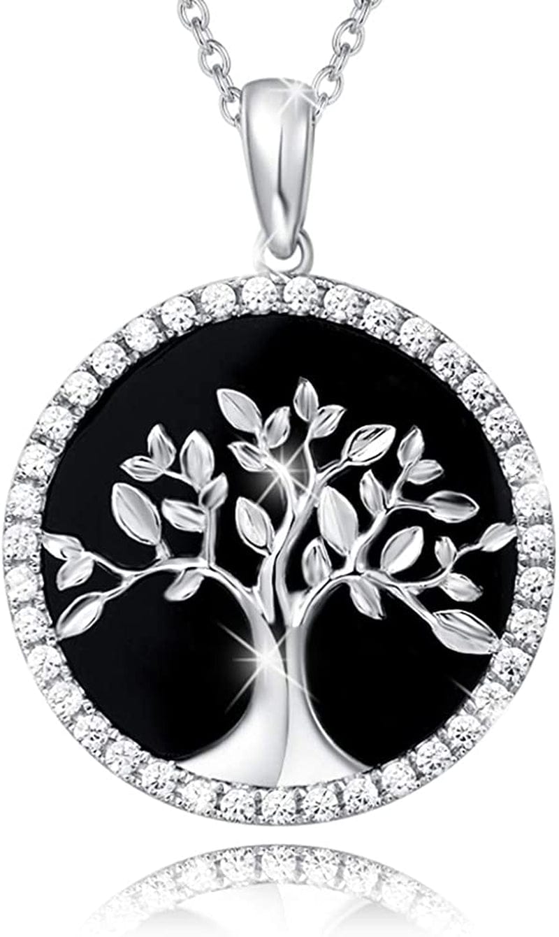 Agvana Tree of Life Necklace Earrings Christmas Gifts for Women Sterling Silver Genuine Black Onyx CZ Family Tree Jewelry Anniversary Birthday Gifts for Women Girls Mom Lady Grandma Wife Yourself Necklace