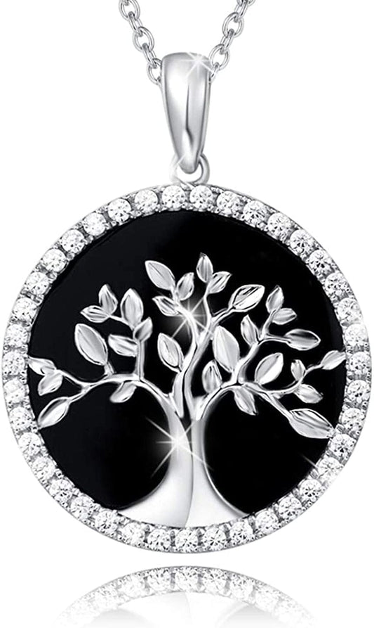 Agvana Tree of Life Necklace Earrings Christmas Gifts for Women Sterling Silver Genuine Black Onyx CZ Family Tree Jewelry Anniversary Birthday Gifts for Women Girls Mom Lady Grandma Wife Yourself Necklace