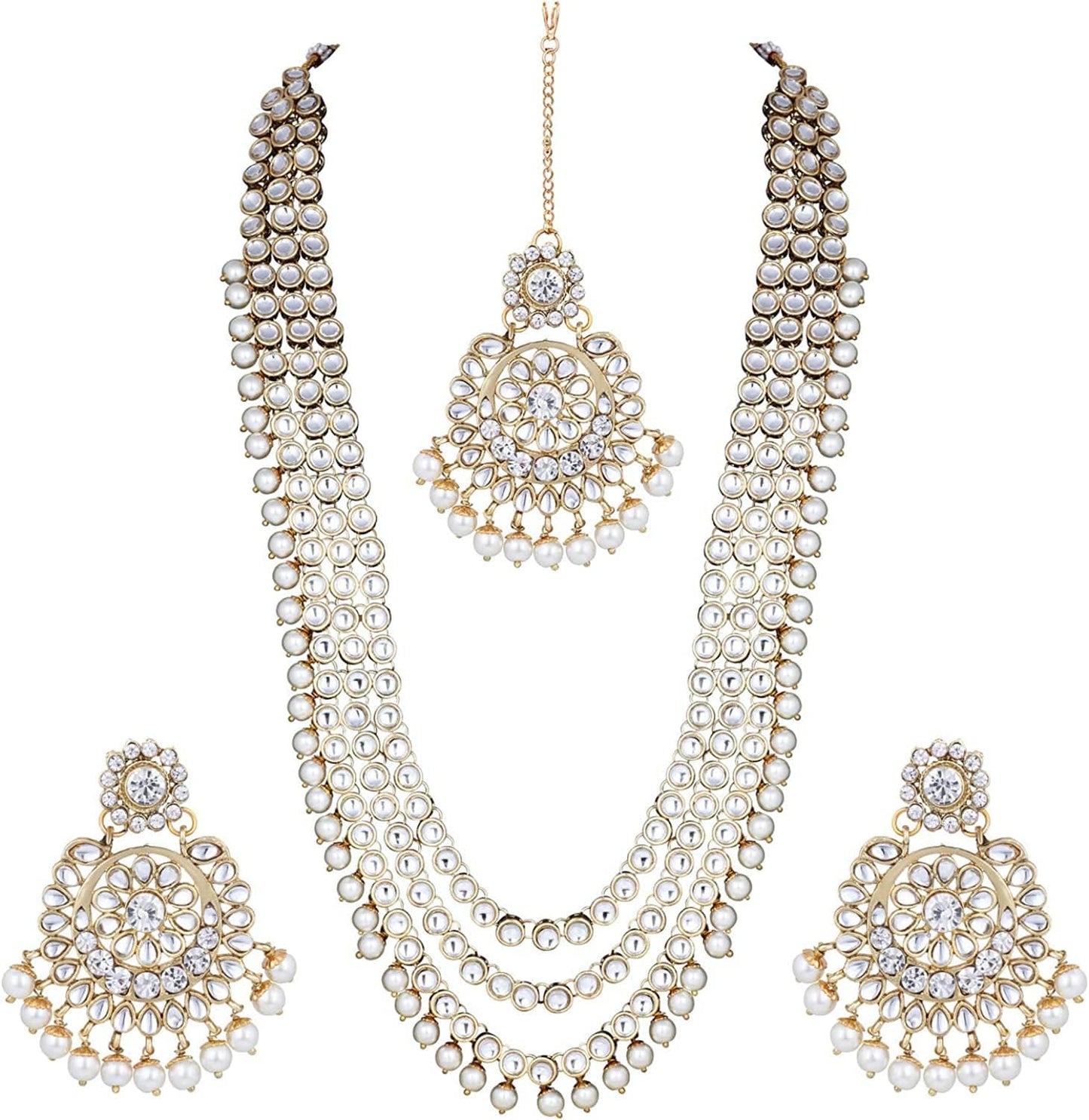 Aheli Indian Ethnic Wedding Faux Kundan Beaded Bridal Long Necklace Earrings with Maang Tikka Traditional Jewelry Set Gift for Women Stylish Fashion Jewelry