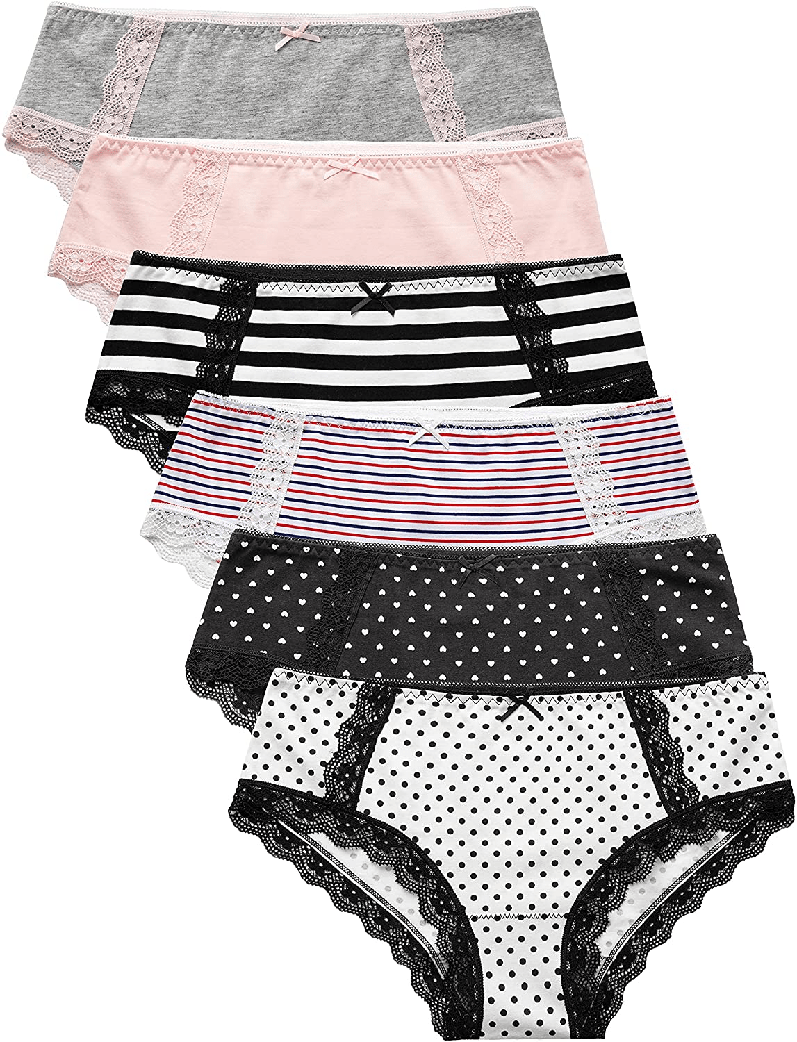 AIDI GOOSE Women'S 5-Pack Lace Underwear Low Waist Bikini Panties Stretch Hipster Brief Apparel & Accessories > Clothing > Underwear & Socks > Underwear AIDI GOOSE #7a(pink/Gray/2strips/2dots) Medium