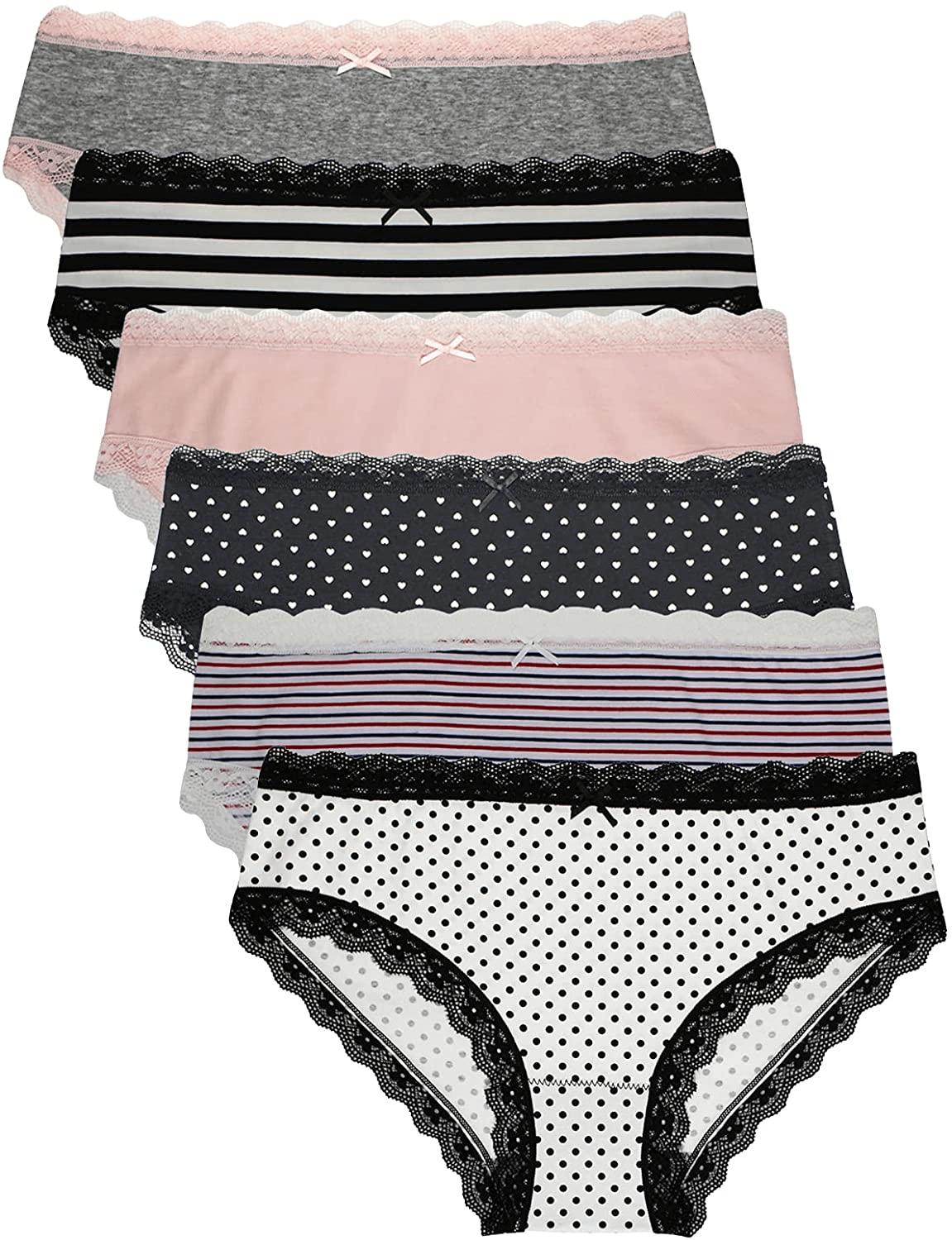 AIDI GOOSE Women'S 5-Pack Lace Underwear Low Waist Bikini Panties Stretch Hipster Brief Apparel & Accessories > Clothing > Underwear & Socks > Underwear AIDI GOOSE #7b(pink/Gray/2strips/2dots) XX-Large