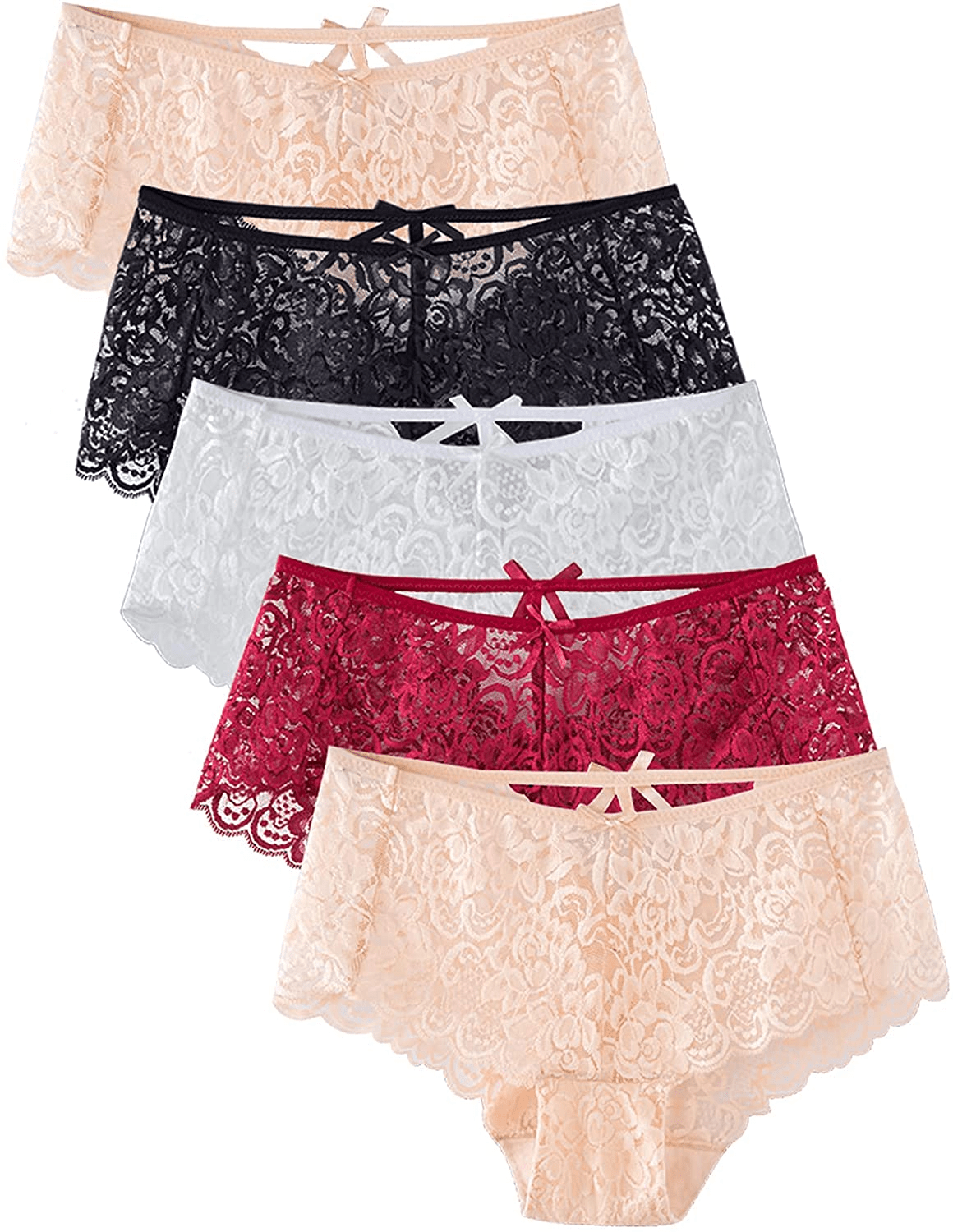 AIDI GOOSE Women'S 5-Pack Lace Underwear Low Waist Bikini Panties Stretch Hipster Brief Apparel & Accessories > Clothing > Underwear & Socks > Underwear AIDI GOOSE #1(1black+1white+1winered+2pink) Medium