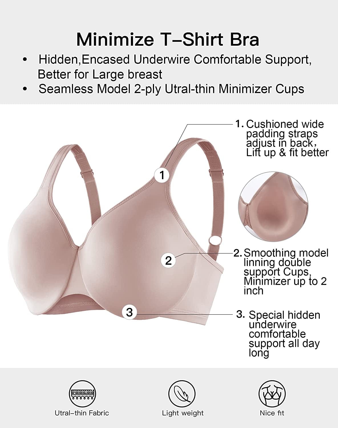 AILIVIN Underwire Women'S Minimizer Full Figure Bras Smooth Full Coverage Seamless Non Padded Cups Bra