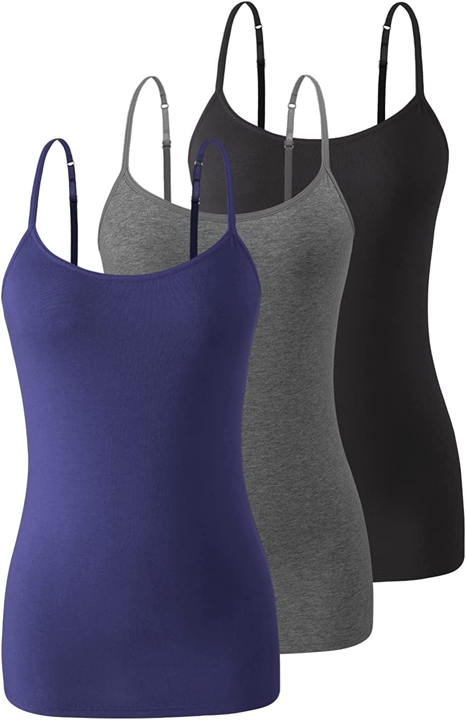 Air Curvey Womens Camisole with Shelf Bra Cotton Undershirts Adjustable Strap Camis Spaghetti Strap Tank Tops 2-3 Pack S-XXL Black/Darkgray/Navy / Small