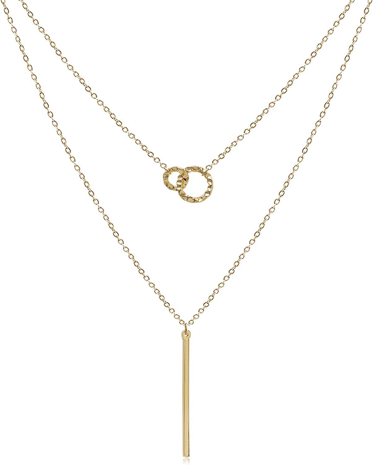 Aisansty Dainty Layered Choker Necklaces Handmade Coin Tube Star Pearl Pendant Multilayer Adjustable Layering Chain Gold Plated Necklaces Set for Women Girls Golden-Linked Circle&Bar