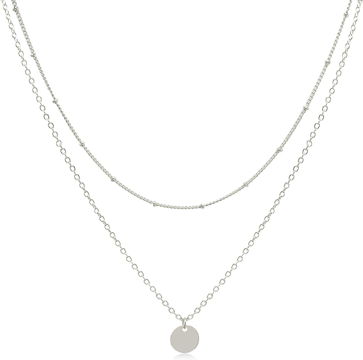 Aisansty Dainty Layered Choker Necklaces Handmade Coin Tube Star Pearl Pendant Multilayer Adjustable Layering Chain Gold Plated Necklaces Set for Women Girls Silver-Coin necklace