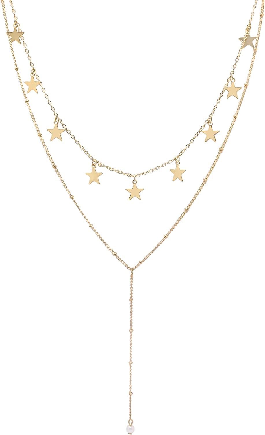 Aisansty Dainty Layered Choker Necklaces Handmade Coin Tube Star Pearl Pendant Multilayer Adjustable Layering Chain Gold Plated Necklaces Set for Women Girls Gold star choker