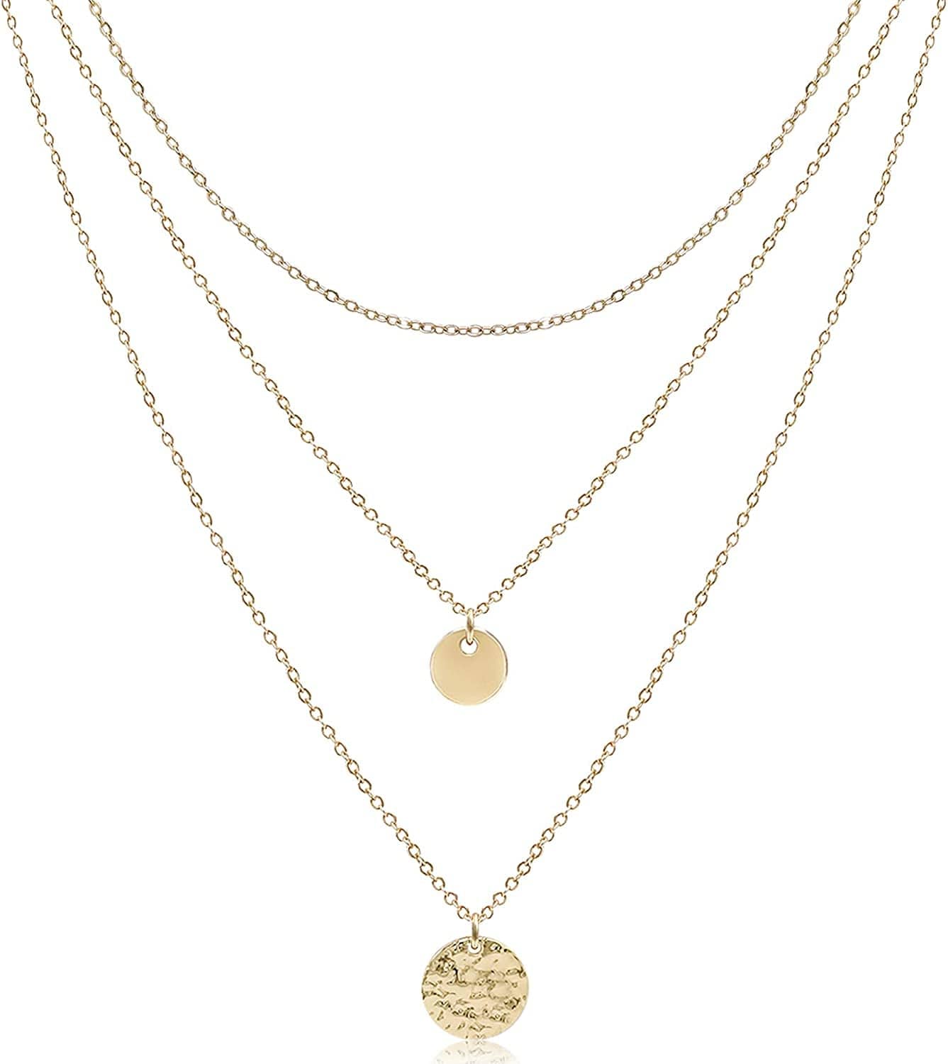 Aisansty Dainty Layered Choker Necklaces Handmade Coin Tube Star Pearl Pendant Multilayer Adjustable Layering Chain Gold Plated Necklaces Set for Women Girls Golden-Full Moon&Disc
