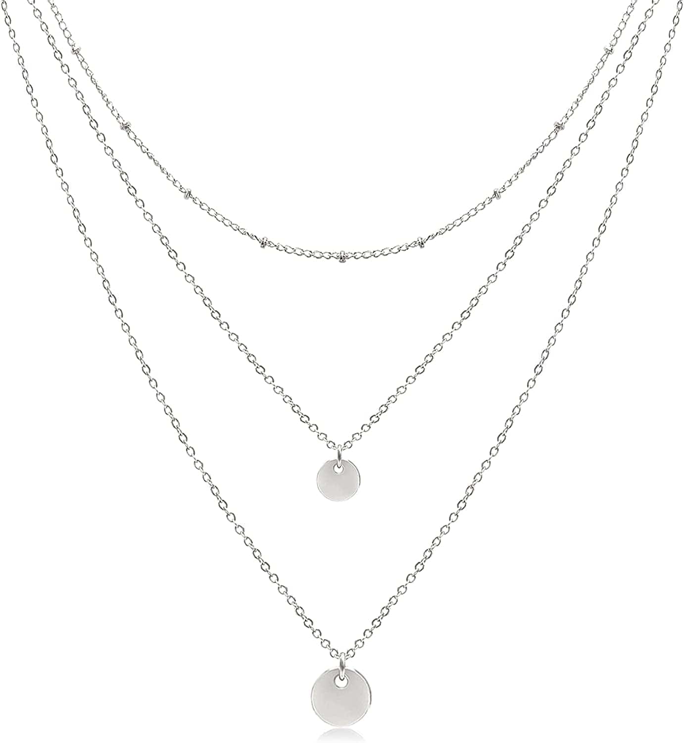 Aisansty Dainty Layered Choker Necklaces Handmade Coin Tube Star Pearl Pendant Multilayer Adjustable Layering Chain Gold Plated Necklaces Set for Women Girls Silver-Two Disc
