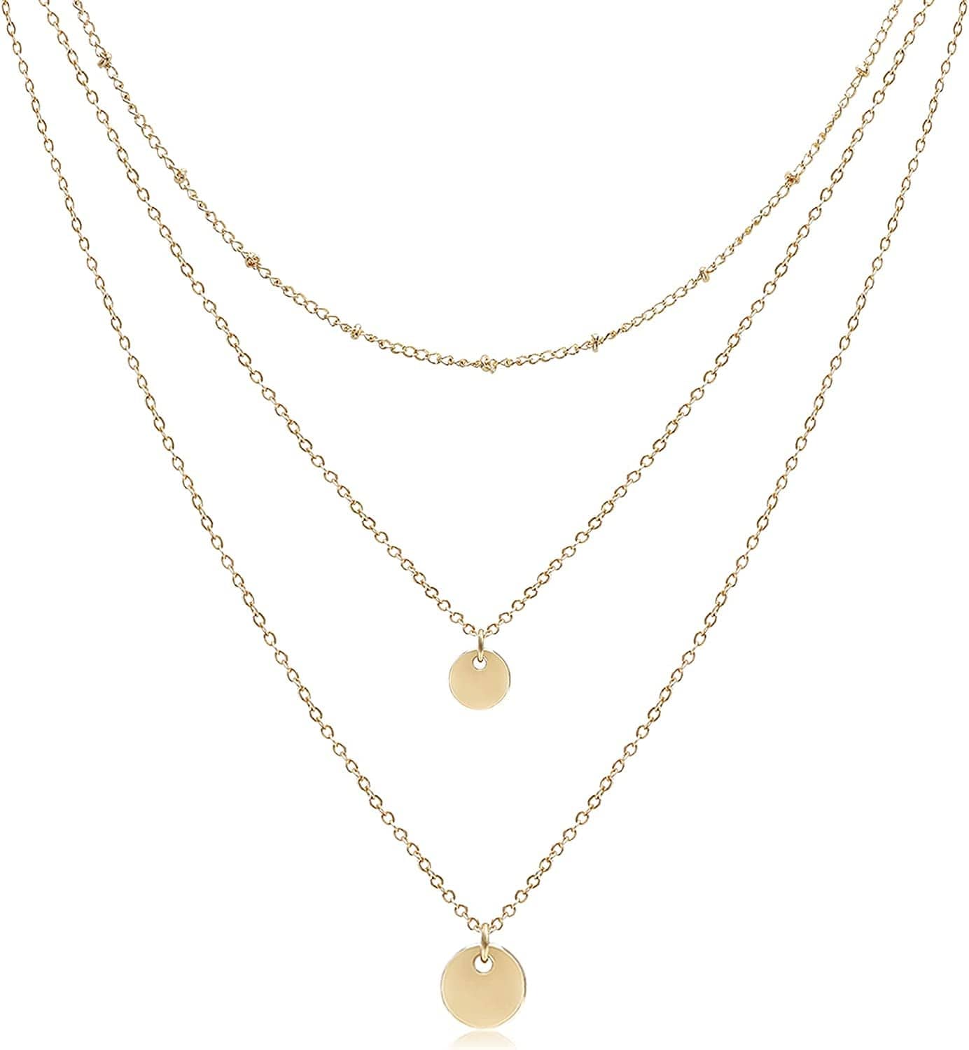 Aisansty Dainty Layered Choker Necklaces Handmade Coin Tube Star Pearl Pendant Multilayer Adjustable Layering Chain Gold Plated Necklaces Set for Women Girls Golden-Two Disc