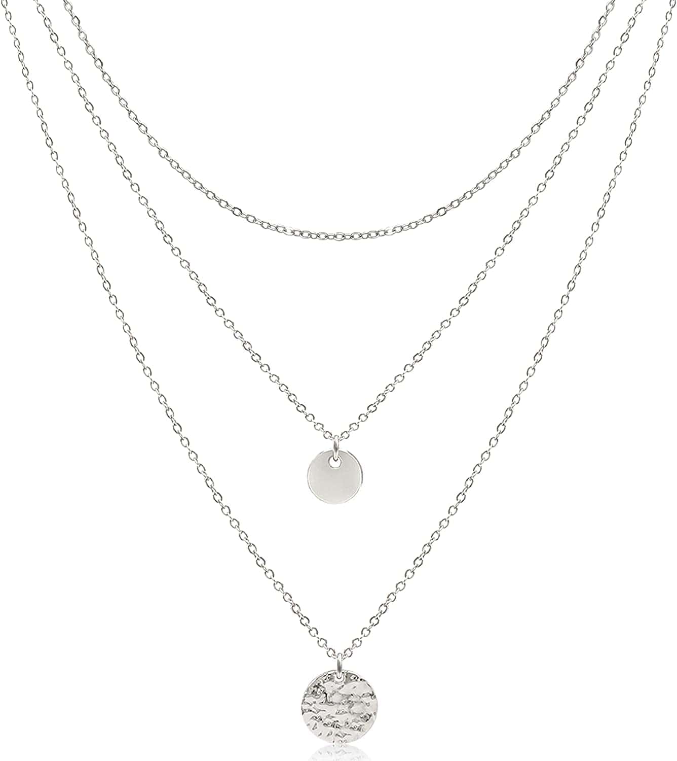 Aisansty Dainty Layered Choker Necklaces Handmade Coin Tube Star Pearl Pendant Multilayer Adjustable Layering Chain Gold Plated Necklaces Set for Women Girls Silver-Full Moon&Disc