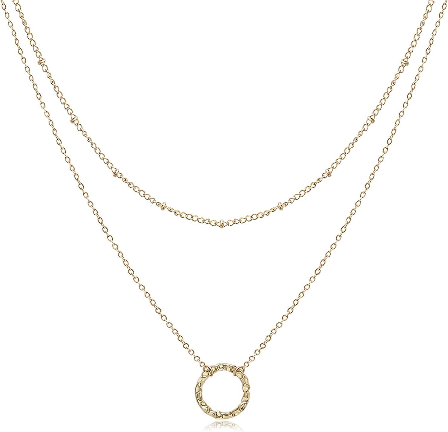 Aisansty Dainty Layered Choker Necklaces Handmade Coin Tube Star Pearl Pendant Multilayer Adjustable Layering Chain Gold Plated Necklaces Set for Women Girls Golden-Circle Necklace