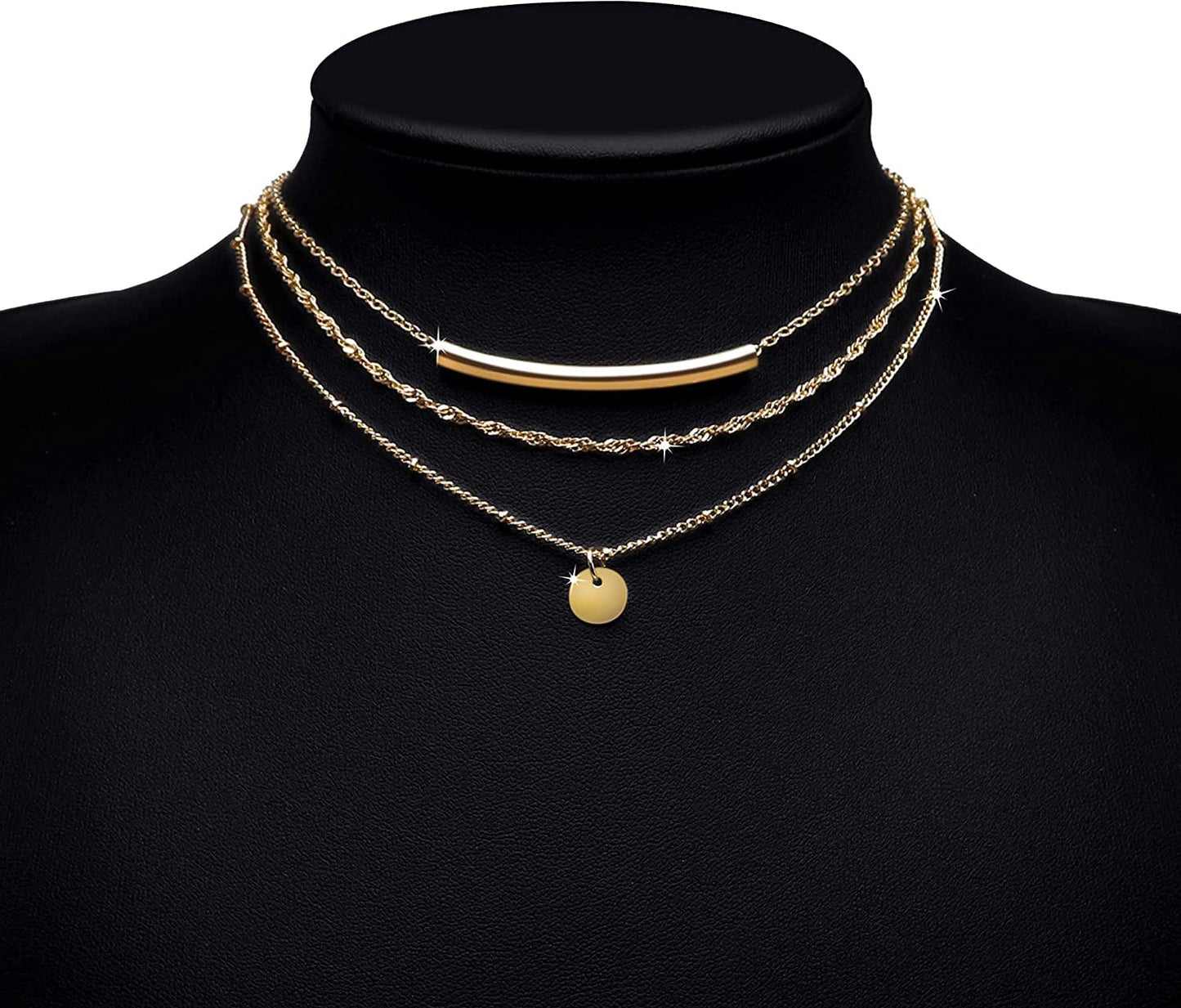 Aisansty Dainty Layered Choker Necklaces Handmade Coin Tube Star Pearl Pendant Multilayer Adjustable Layering Chain Gold Plated Necklaces Set for Women Girls