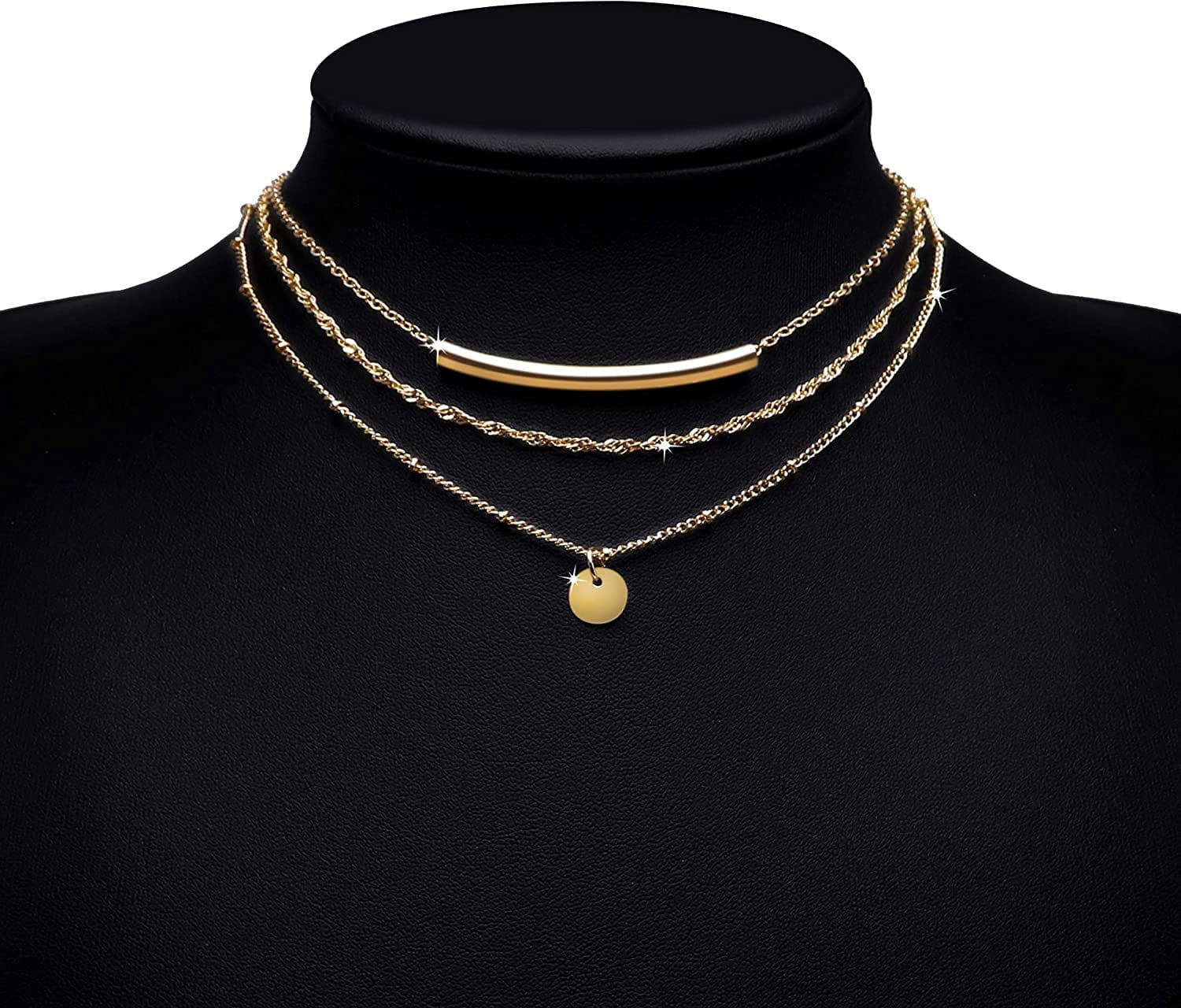 Aisansty Dainty Layered Choker Necklaces Handmade Coin Tube Star Pearl Pendant Multilayer Adjustable Layering Chain Gold Plated Necklaces Set for Women Girls