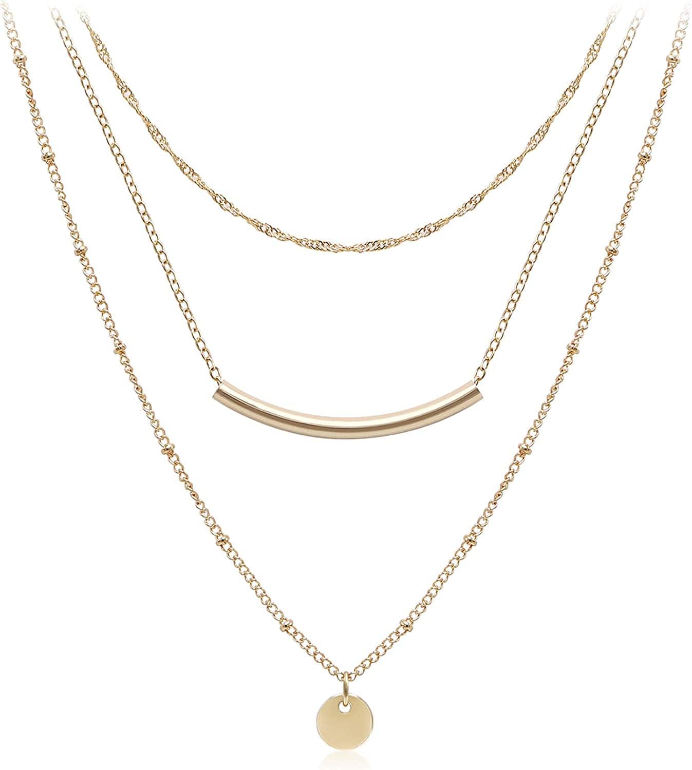 Aisansty Dainty Layered Choker Necklaces Handmade Coin Tube Star Pearl Pendant Multilayer Adjustable Layering Chain Gold Plated Necklaces Set for Women Girls