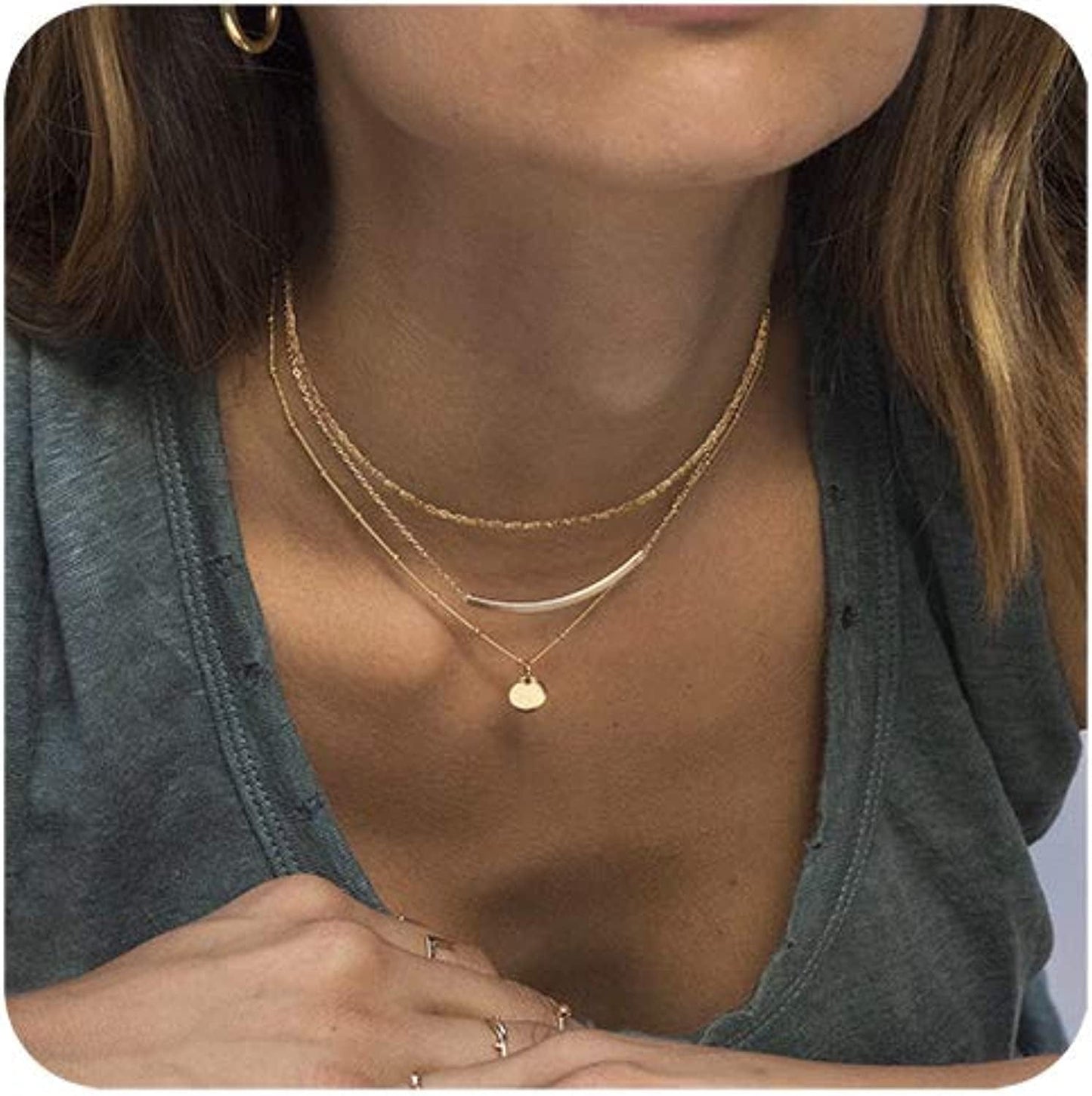 Aisansty Dainty Layered Choker Necklaces Handmade Coin Tube Star Pearl Pendant Multilayer Adjustable Layering Chain Gold Plated Necklaces Set for Women Girls Chain,Elegant,Gold Plated,Simple