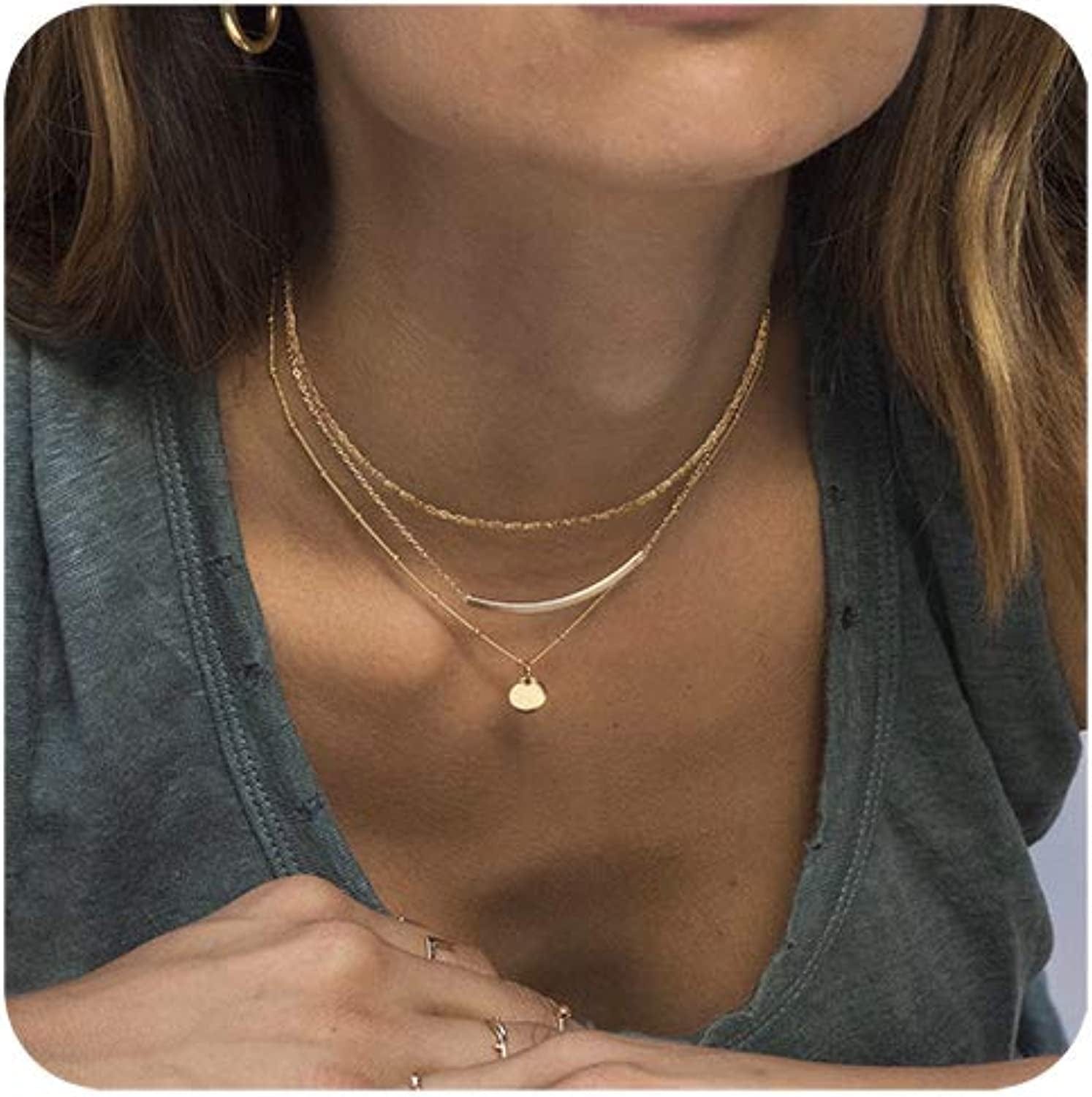Aisansty Dainty Layered Choker Necklaces Handmade Coin Tube Star Pearl Pendant Multilayer Adjustable Layering Chain Gold Plated Necklaces Set for Women Girls Chain,Elegant,Gold Plated,Simple