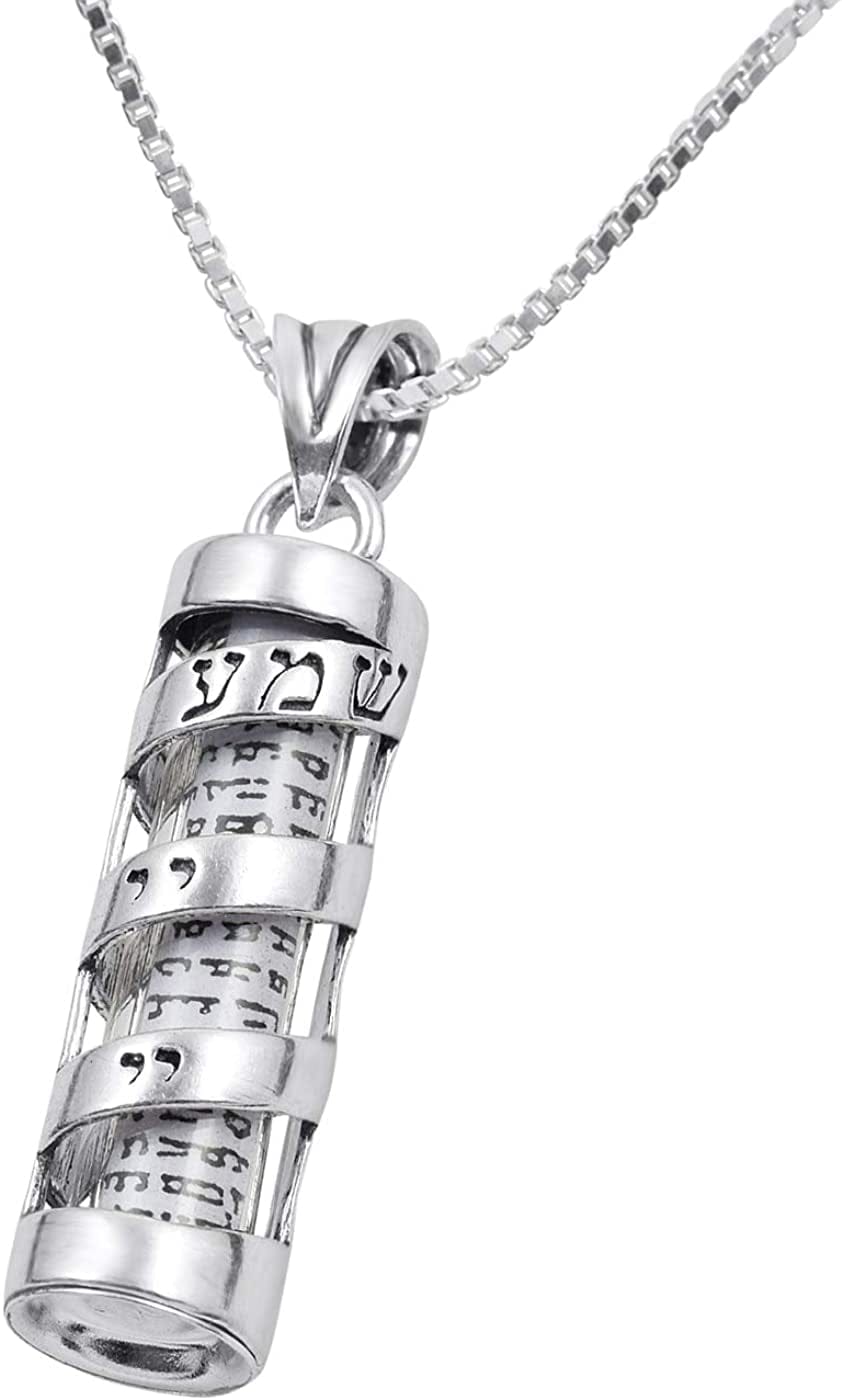 Ajdesign Mezuzah Necklace Pendant Spiral Shema Yisrael and Scroll in 925 Sterling Silver