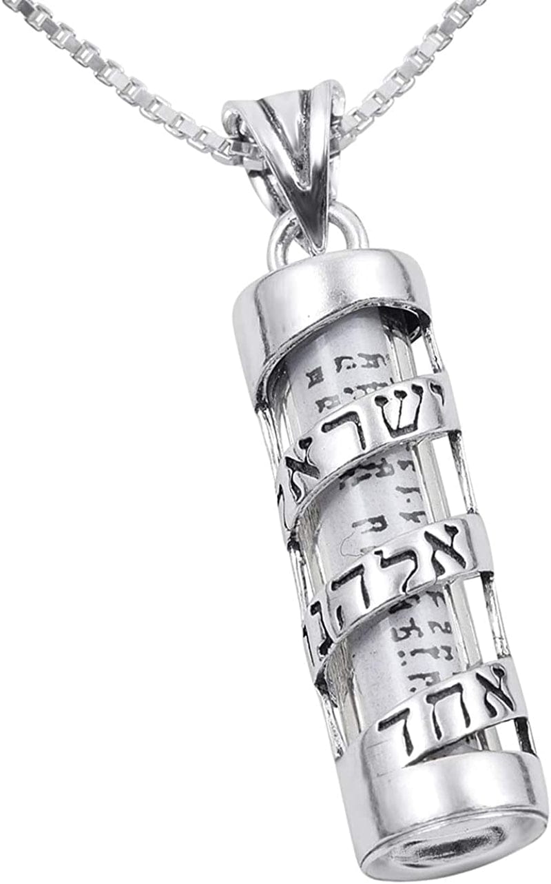 Ajdesign Mezuzah Necklace Pendant Spiral Shema Yisrael and Scroll in 925 Sterling Silver 16 Inches Chain