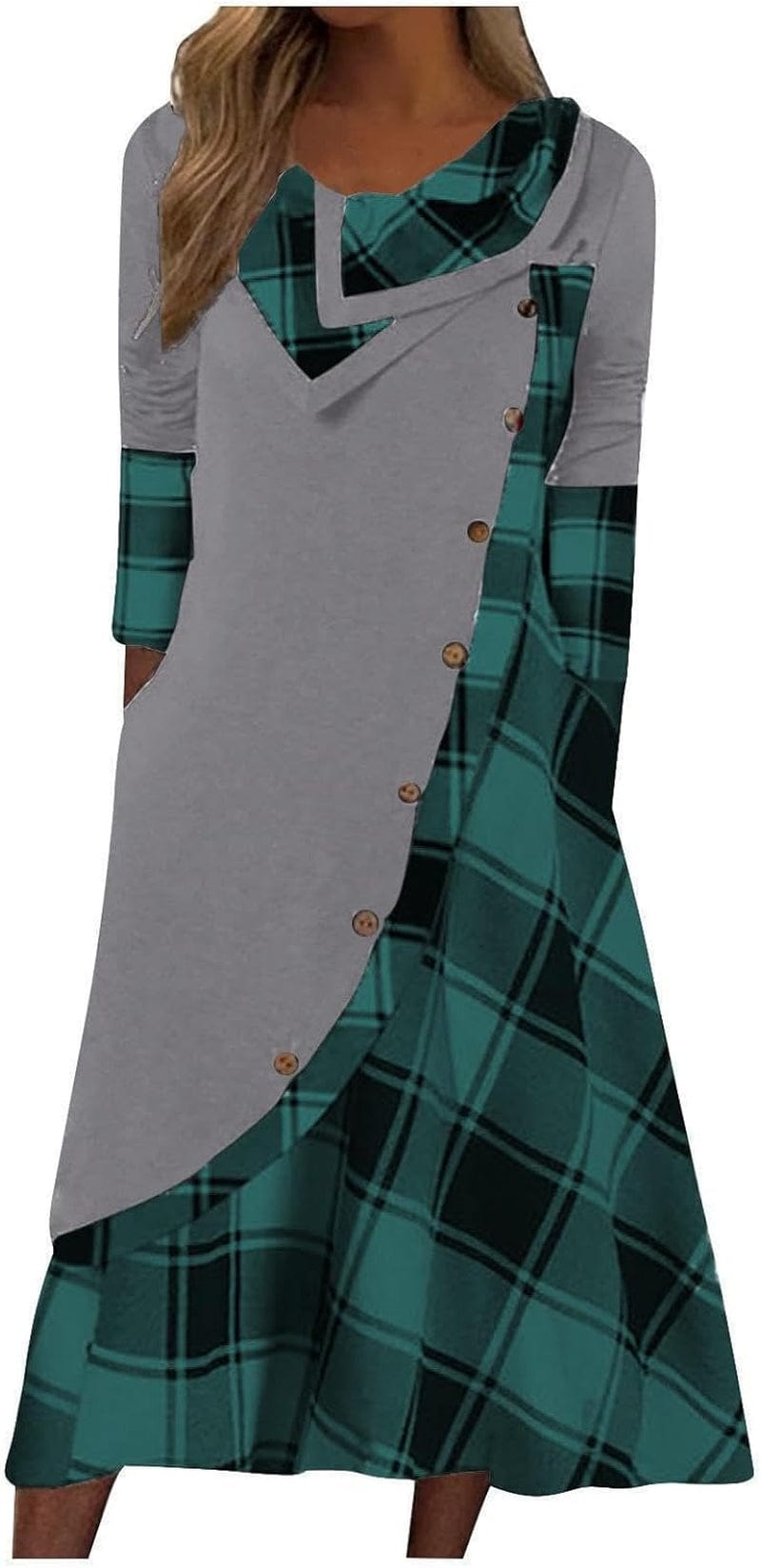 Akivide Plaid Print Splicing Dresses for Women Casual Long Sleeve Patchwork Maxi Dress with Pockets Greygreen Plaid / Medium