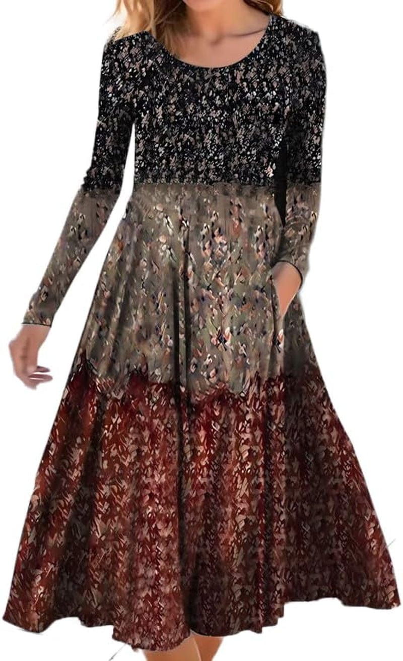 Akivide Women'S Ethnic Boho Floral Print Colorful Long Sleeve Maxi Dresses Casual Loose Flowy Dress with Pockets D / X-Large