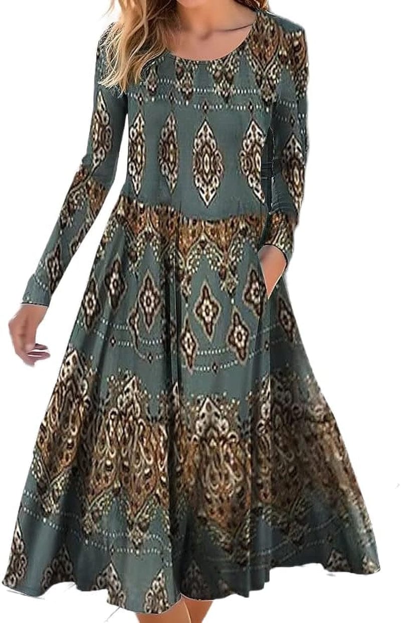 Akivide Women'S Ethnic Boho Floral Print Colorful Long Sleeve Maxi Dresses Casual Loose Flowy Dress with Pockets A / Large