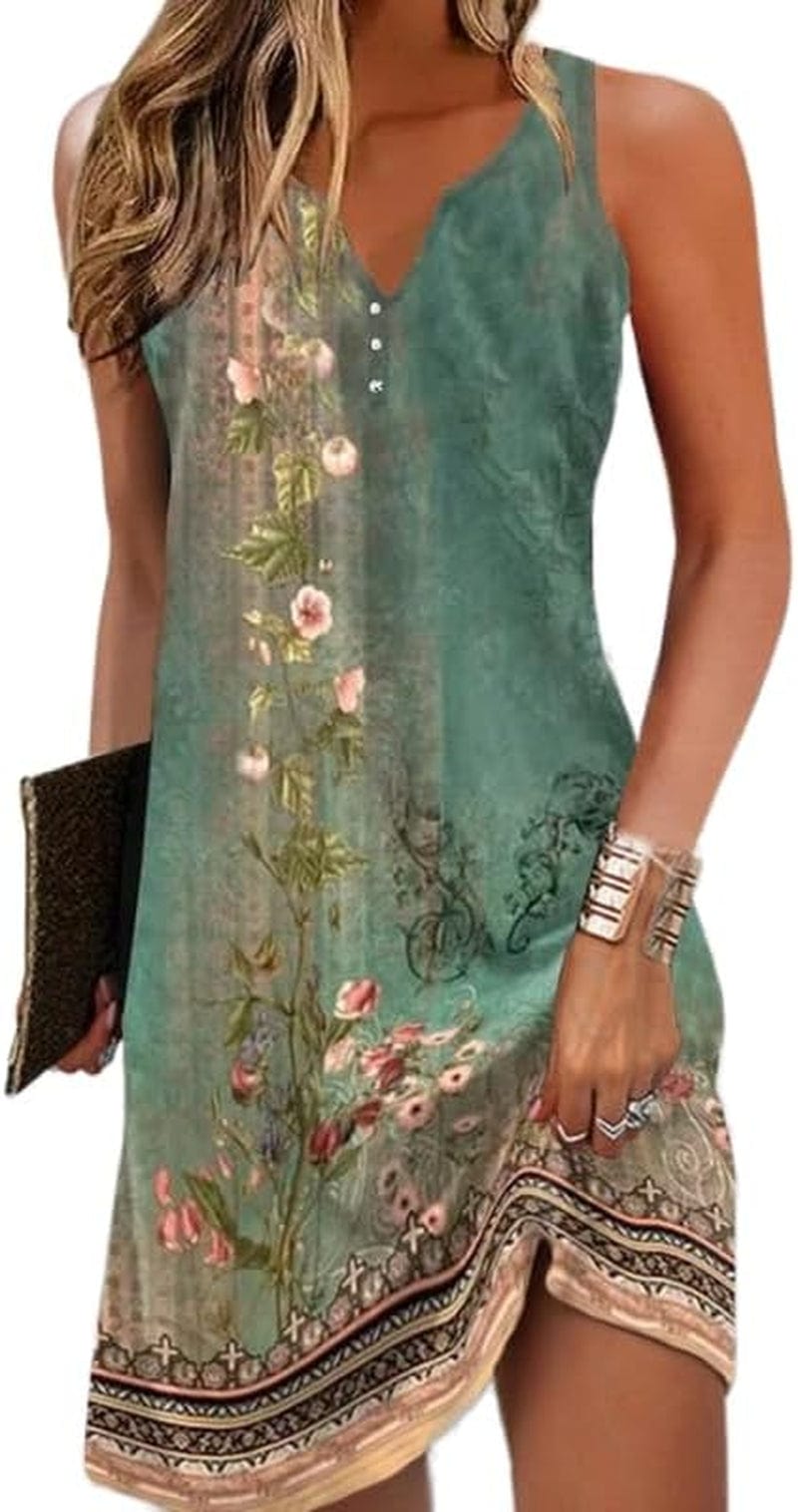 Akivide Womens Boho Floral Printed Button V Neck Sundresses Ethnic Summer Beach Vacation Sleeveless Tunic Dress Boho 1 / Small