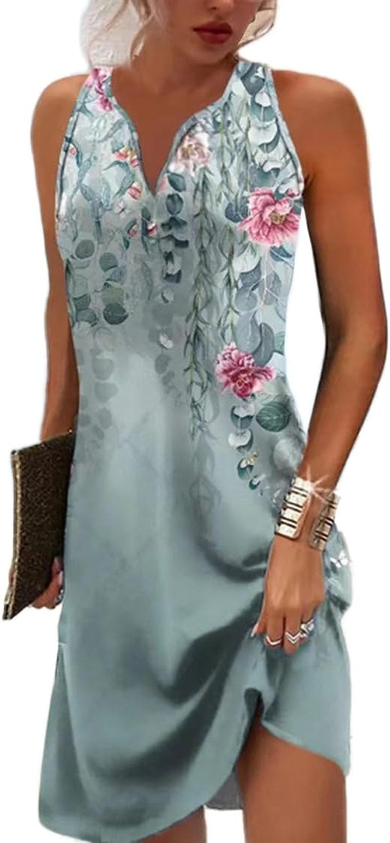 Akivide Womens Boho Floral Printed Button V Neck Sundresses Ethnic Summer Beach Vacation Sleeveless Tunic Dress Boho 7 / Small