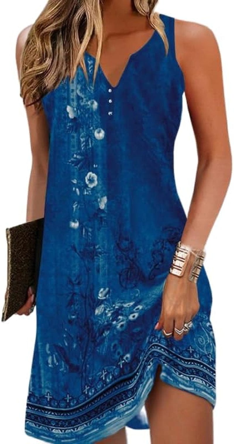 Akivide Womens Boho Floral Printed Button V Neck Sundresses Ethnic Summer Beach Vacation Sleeveless Tunic Dress Boho 5 / Small