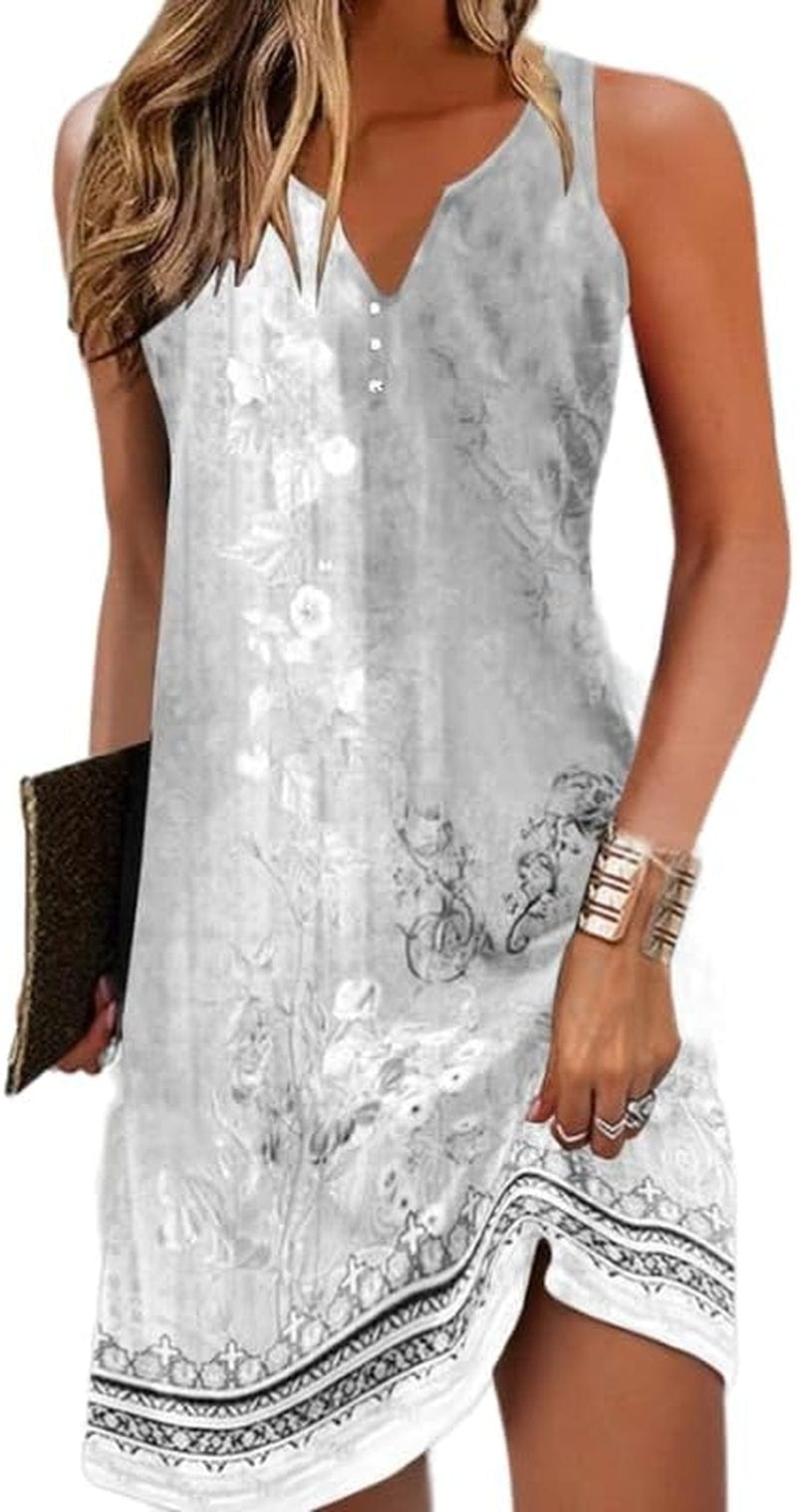 Akivide Womens Boho Floral Printed Button V Neck Sundresses Ethnic Summer Beach Vacation Sleeveless Tunic Dress Boho 2 / Small