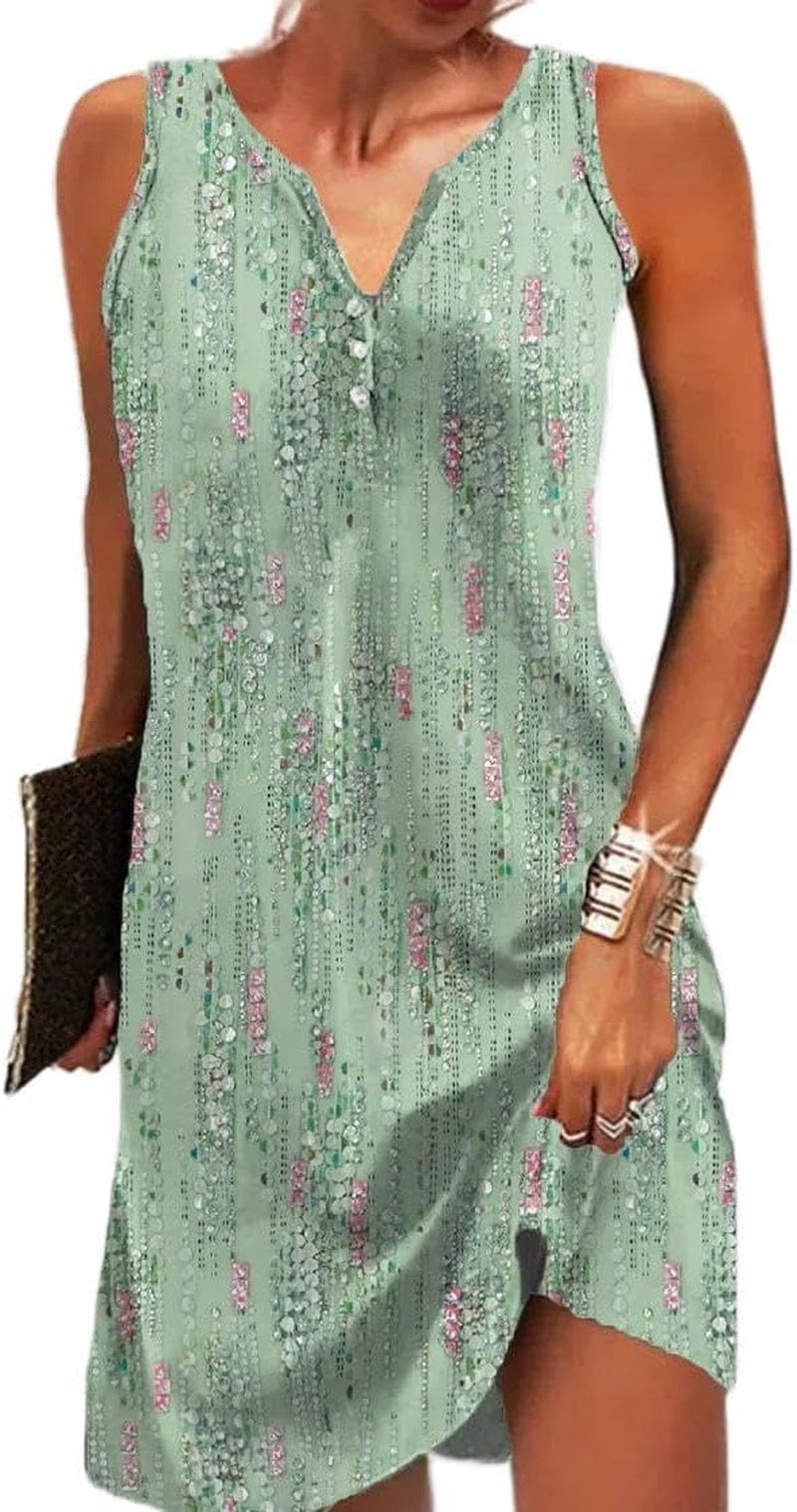 Akivide Womens Boho Floral Printed Button V Neck Sundresses Ethnic Summer Beach Vacation Sleeveless Tunic Dress Boho 9 / Large
