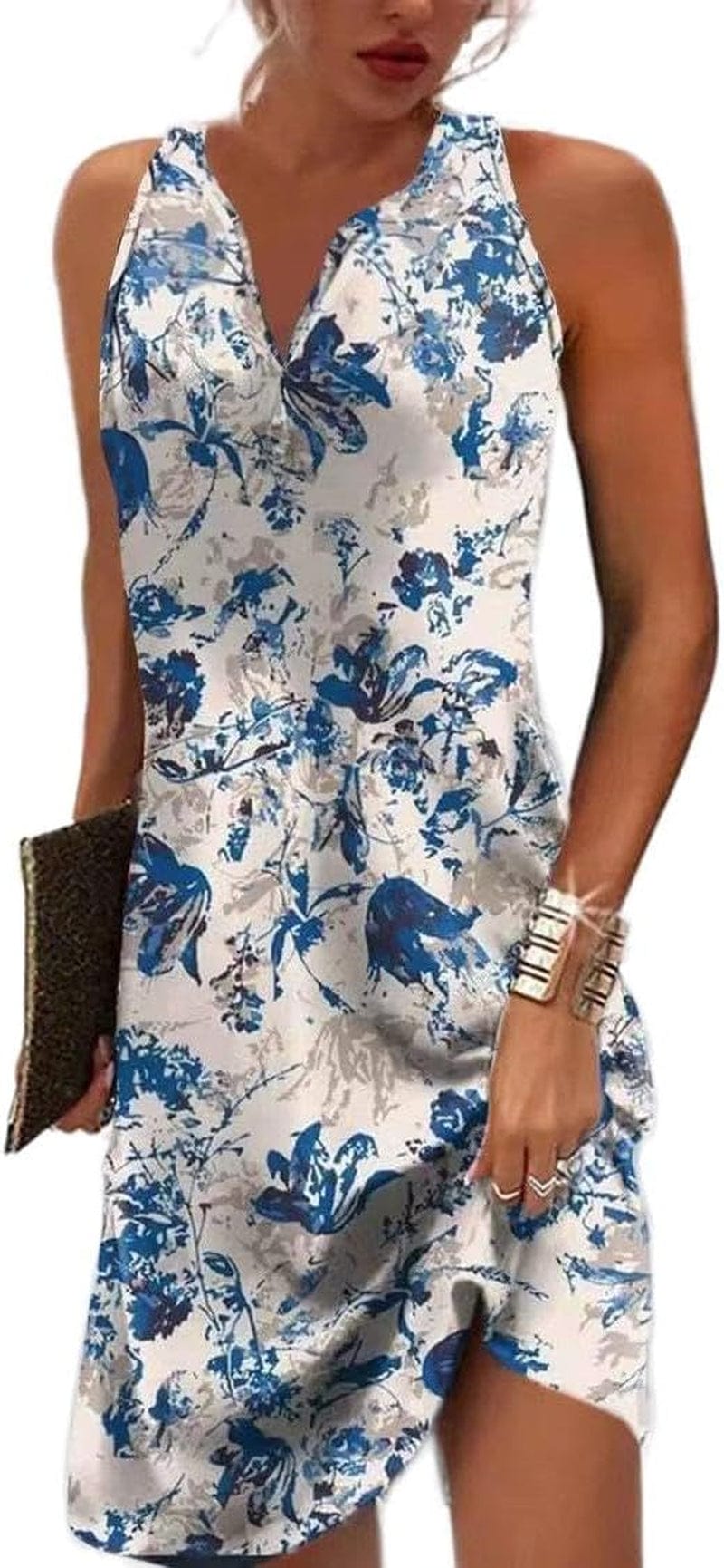 Akivide Womens Boho Floral Printed Button V Neck Sundresses Ethnic Summer Beach Vacation Sleeveless Tunic Dress Boho 8 / Small