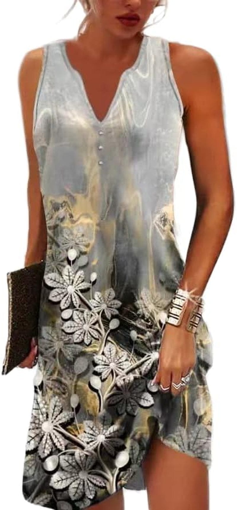 Akivide Womens Boho Floral Printed Button V Neck Sundresses Ethnic Summer Beach Vacation Sleeveless Tunic Dress Boho 10 / Small