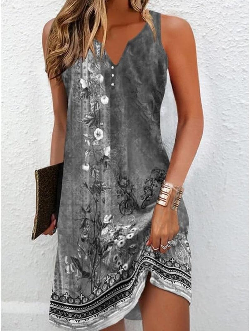 Akivide Womens Boho Floral Printed Button V Neck Sundresses Ethnic Summer Beach Vacation Sleeveless Tunic Dress