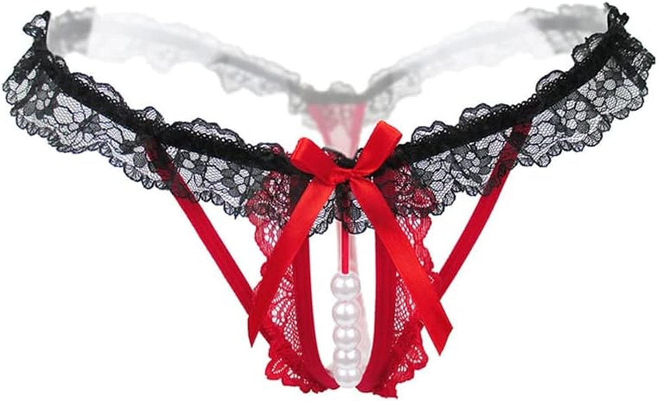 Akovichfarh Women Pearl Lace Bowknot Beads Lace Panties Erotic Thong Lingerie Underwear Blackred / Medium-Large