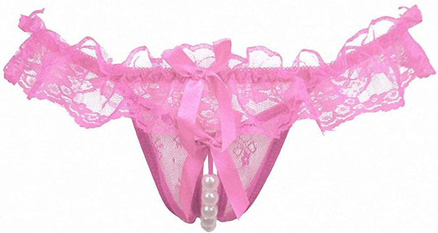Akovichfarh Women Pearl Lace Bowknot Beads Lace Panties Erotic Thong Lingerie Underwear Pk / Small-Medium