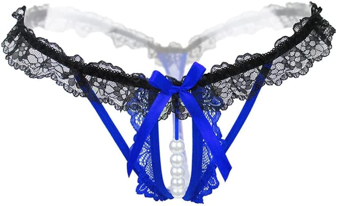 Akovichfarh Women Pearl Lace Bowknot Beads Lace Panties Erotic Thong Lingerie Underwear Blackblue / Large-X-Large