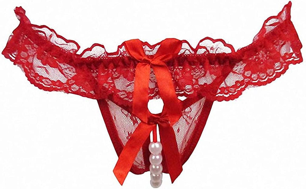 Akovichfarh Women Pearl Lace Bowknot Beads Lace Panties Erotic Thong Lingerie Underwear Red / Large-X-Large