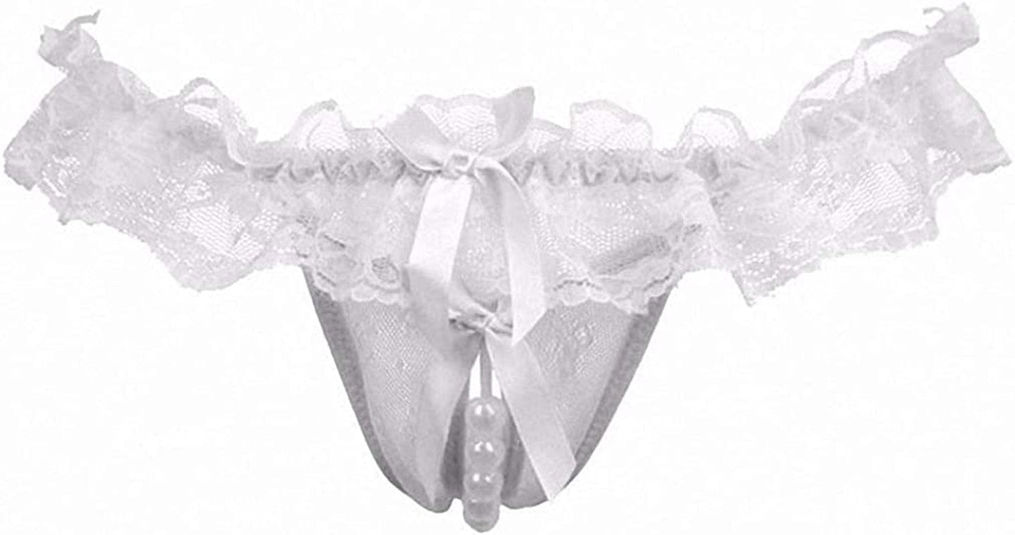 Akovichfarh Women Pearl Lace Bowknot Beads Lace Panties Erotic Thong Lingerie Underwear Wt / Large-X-Large