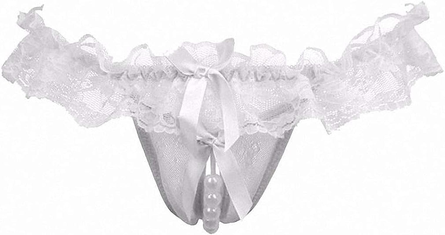 Akovichfarh Women Pearl Lace Bowknot Beads Lace Panties Erotic Thong Lingerie Underwear Wt / Small-Medium