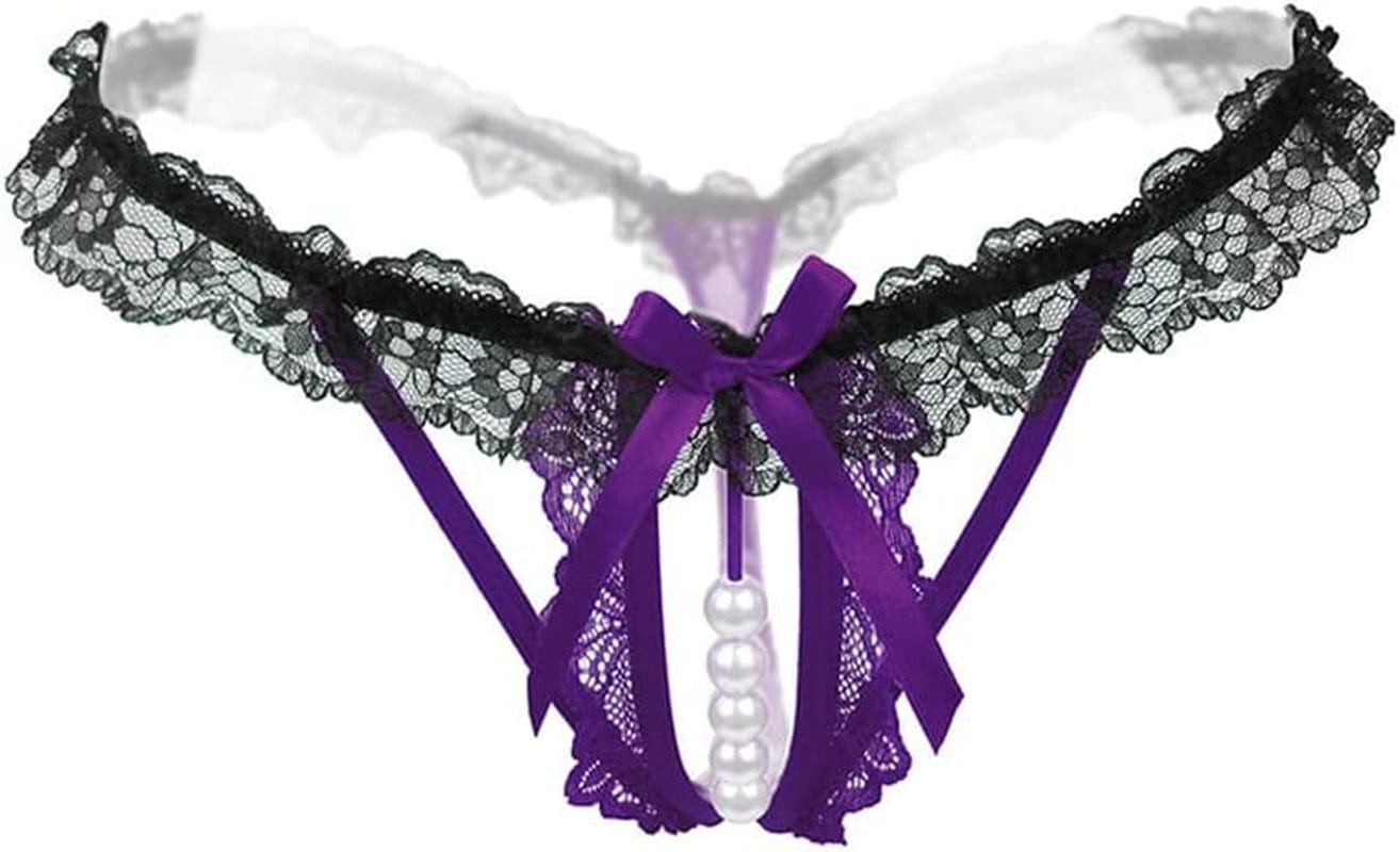 Akovichfarh Women Pearl Lace Bowknot Beads Lace Panties Erotic Thong Lingerie Underwear Blackpurple / Large-X-Large