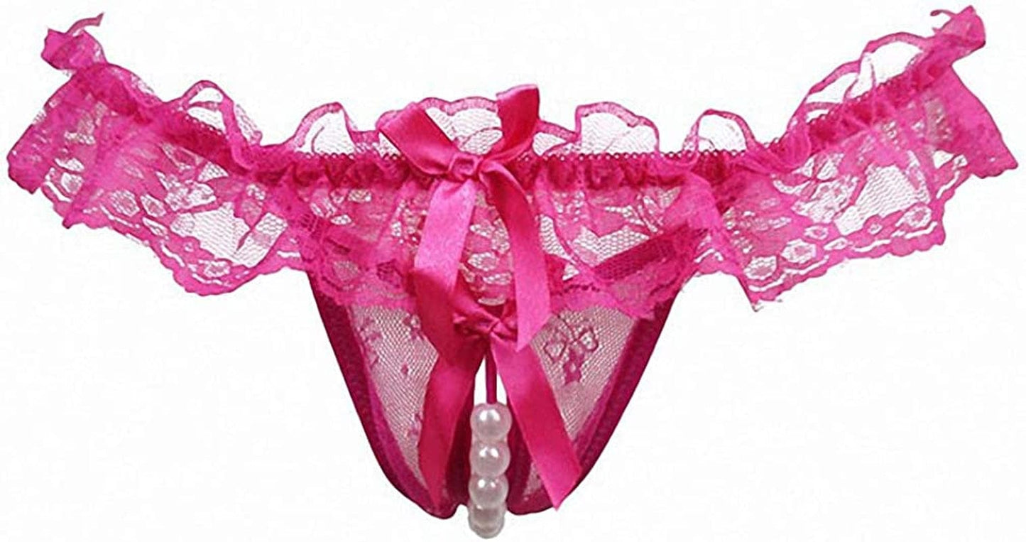 Akovichfarh Women Pearl Lace Bowknot Beads Lace Panties Erotic Thong Lingerie Underwear Re / Small-Medium