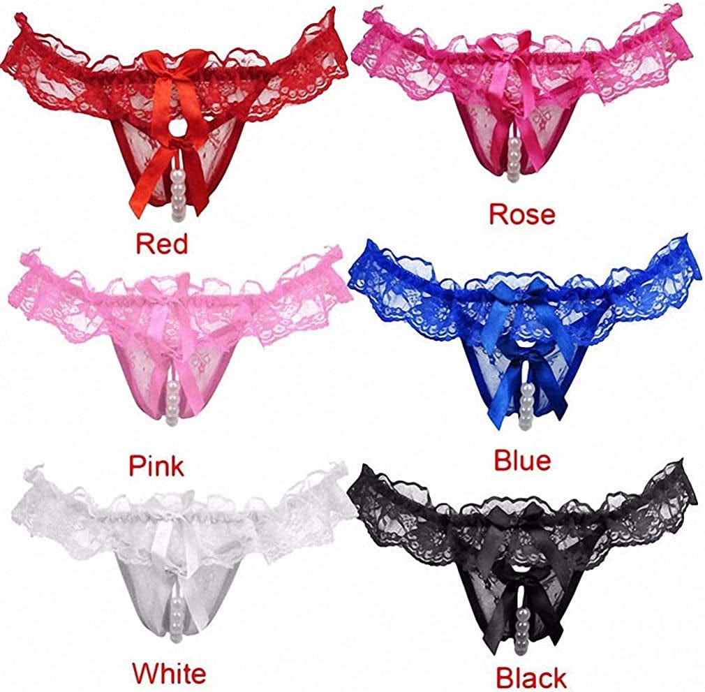 Akovichfarh Women Pearl Lace Bowknot Beads Lace Panties Erotic Thong Lingerie Underwear