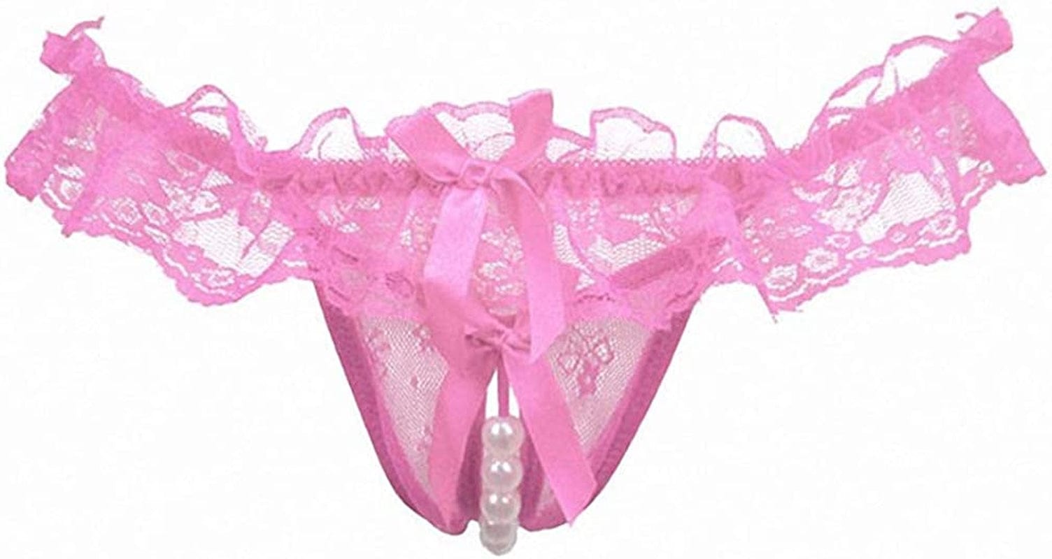 Akovichfarh Women Pearl Lace Bowknot Beads Lace Panties Erotic Thong Lingerie Underwear