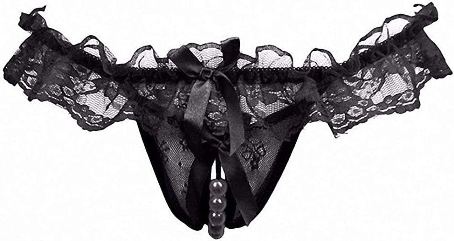 Akovichfarh Women Pearl Lace Bowknot Beads Lace Panties Erotic Thong Lingerie Underwear