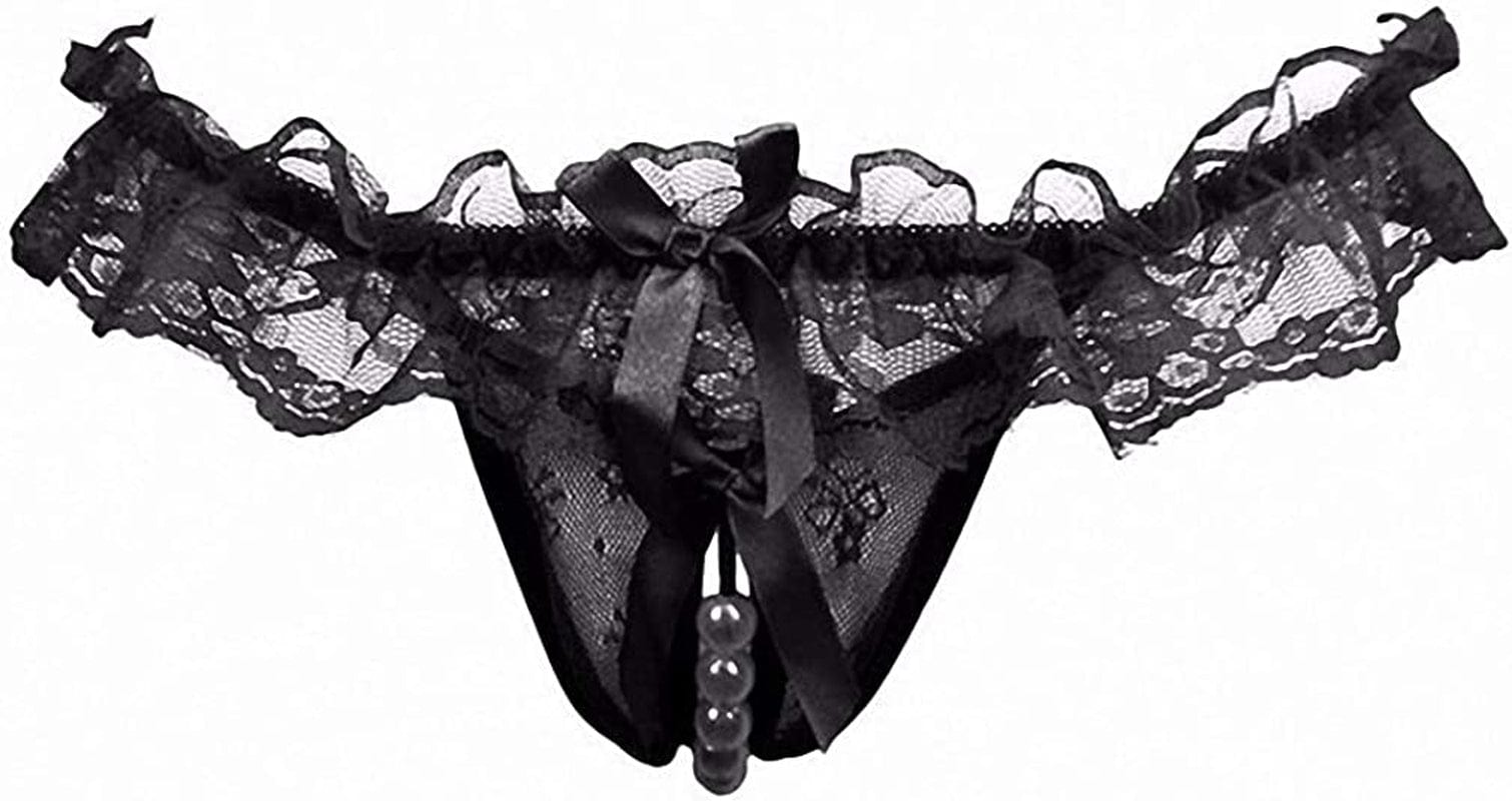 Akovichfarh Women Pearl Lace Bowknot Beads Lace Panties Erotic Thong Lingerie Underwear
