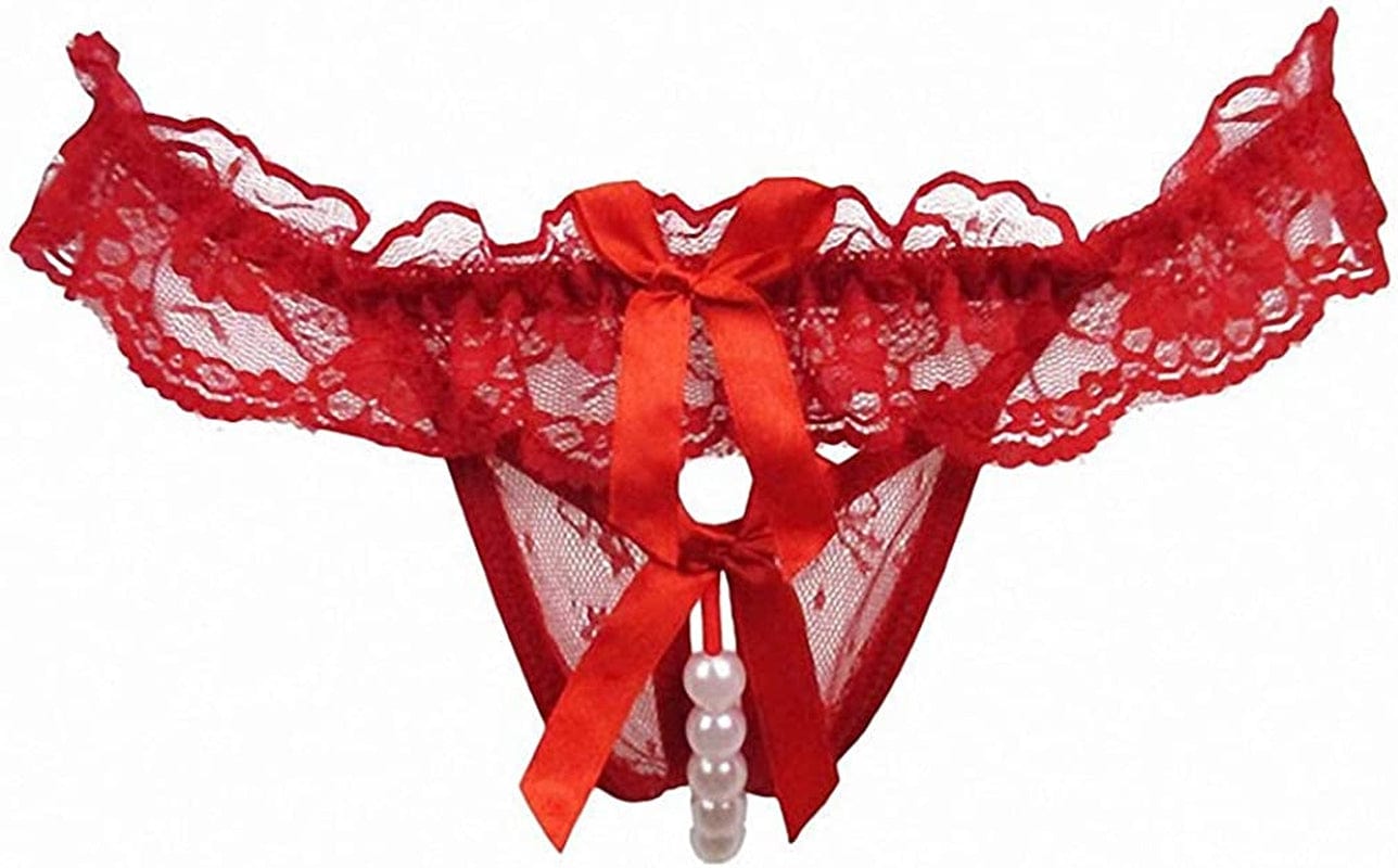 Akovichfarh Women Pearl Lace Bowknot Beads Lace Panties Erotic Thong Lingerie Underwear