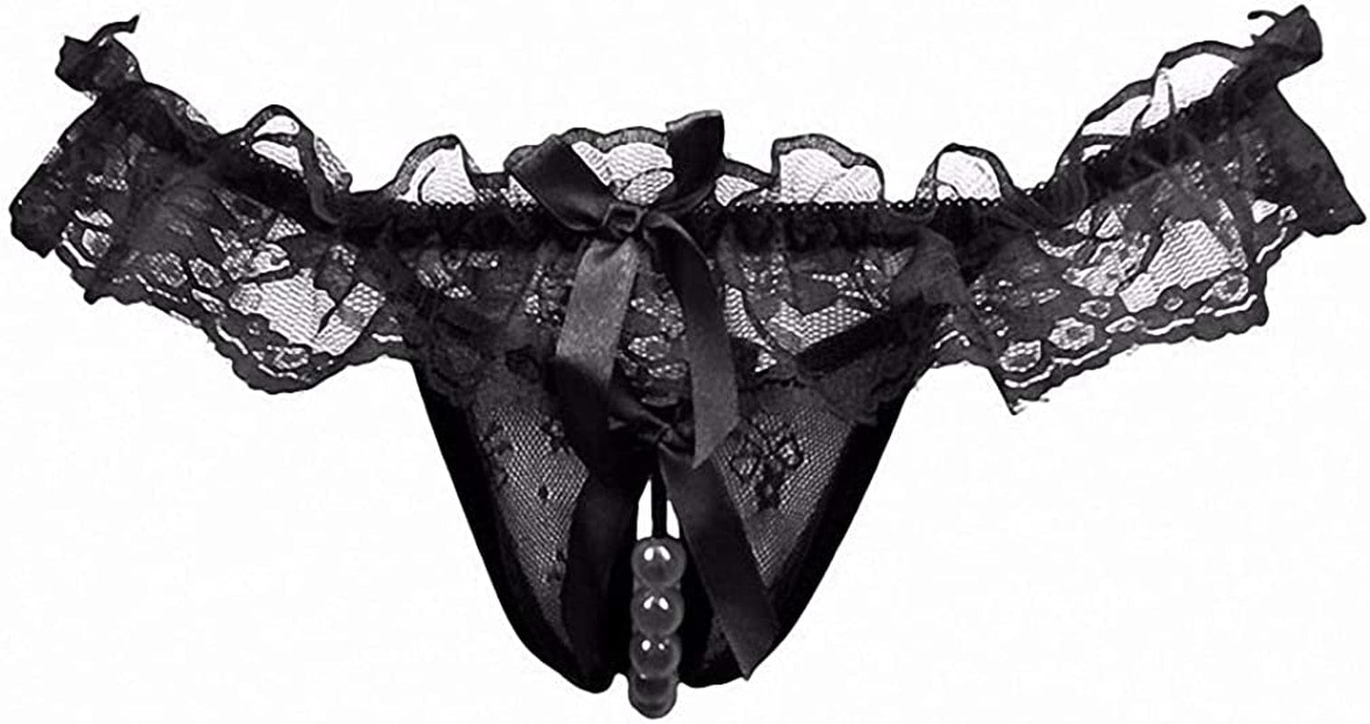 Akovichfarh Women Pearl Lace Bowknot Beads Lace Panties Erotic Thong Lingerie Underwear Bk / Large-X-Large