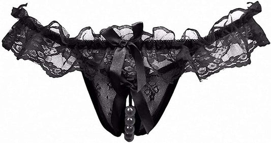 Akovichfarh Women Pearl Lace Bowknot Beads Lace Panties Erotic Thong Lingerie Underwear Bk / Large-X-Large