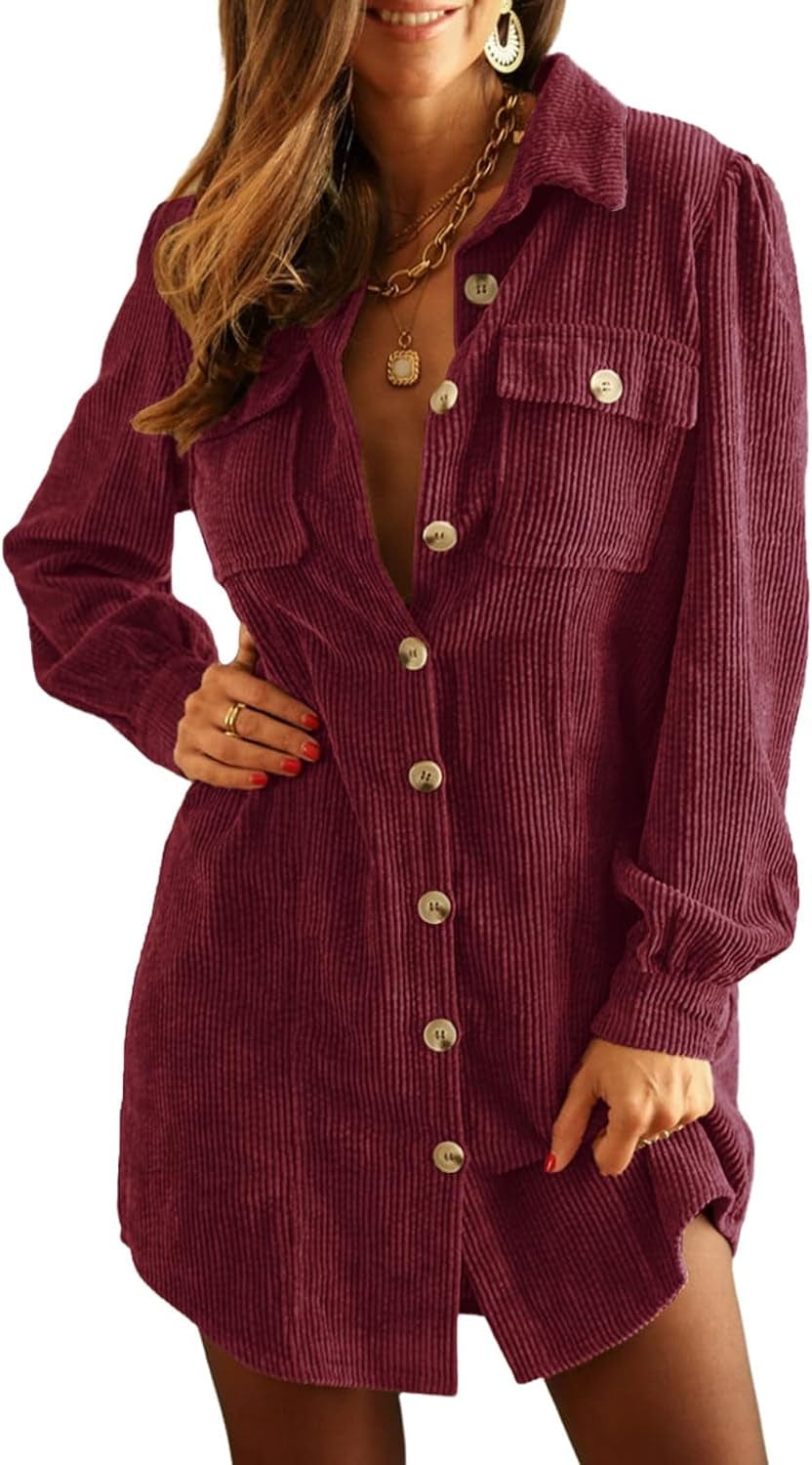 Alaster Queen Women'S Corduroy Long Sleeve Short Dresses 2023 Fall Winter Button down Work Tunic Dress with Pocket Red / Large